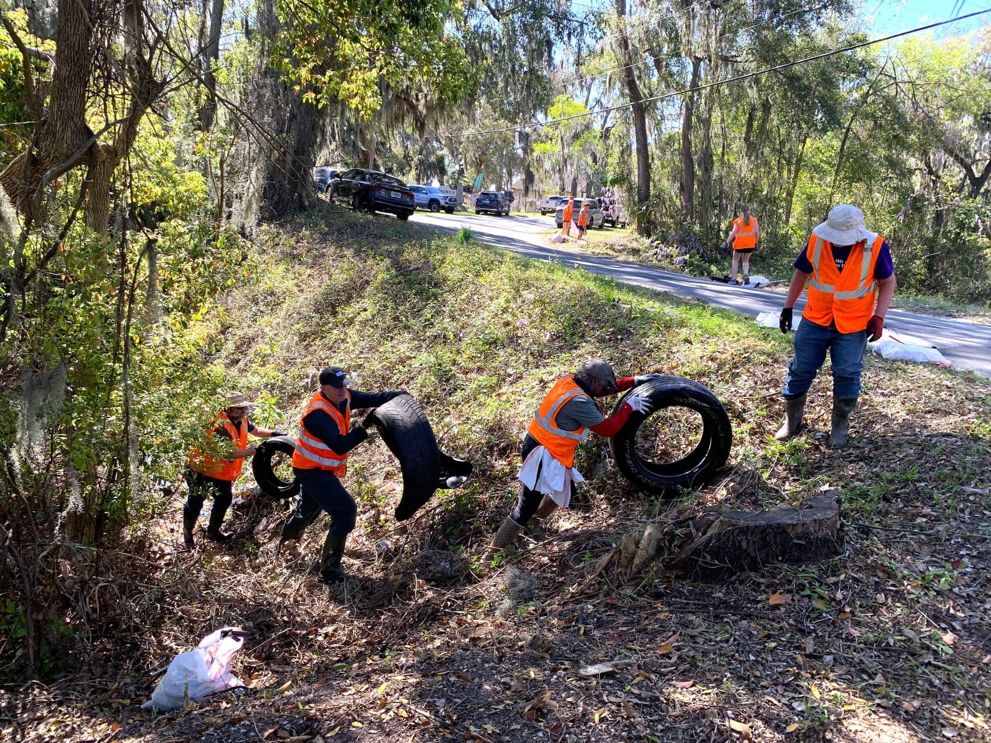 Volunteers in orange safety vests haul old tires up a wooded roadside bank under oaks hung with Spanish moss.
